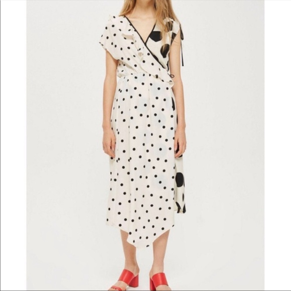 ASOS cream and black mixed dot ruffle wrap dress